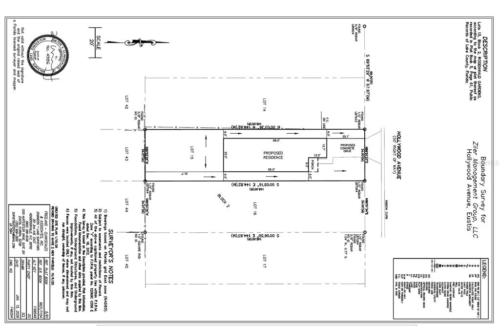 This is a boundary survey map showing a proposed residence on a rectangular lot — 0000 HOLLYWOOD AVENUE, EUSTIS, FL