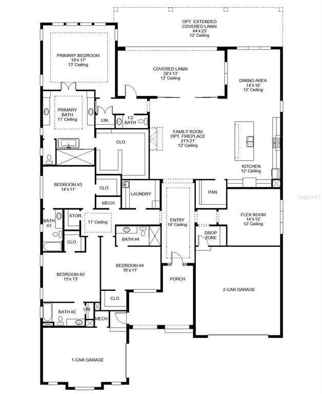 This is a floor plan for a single-story house with four bedrooms and three garages — 3606 THOROUGHBRED COURT, BRADENTON, FL