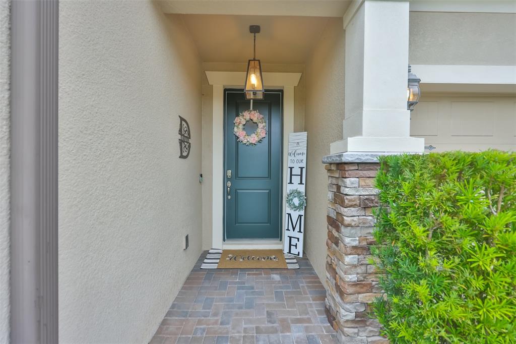 A front entryway features a dark green door, a stone pillar, and a paved porch — 18824 ALDER GLEN DRIVE, LUTZ, FL