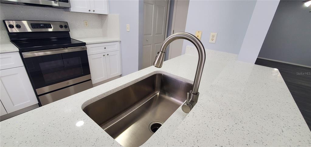 A kitchen features a stainless steel sink with a gooseneck faucet and white quartz countertops — 1661 FLUORSHIRE DRIVE, BRANDON, FL