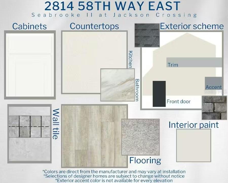 This design board displays interior and exterior finish samples for a new home construction — 2814 58TH WAY E, PALMETTO, FL