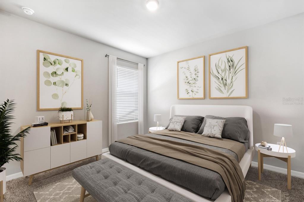 This virtually staged bedroom features a bed, a storage console, and botanical wall art — 26233 CORAL LAKES DRIVE, PUNTA GORDA, FL