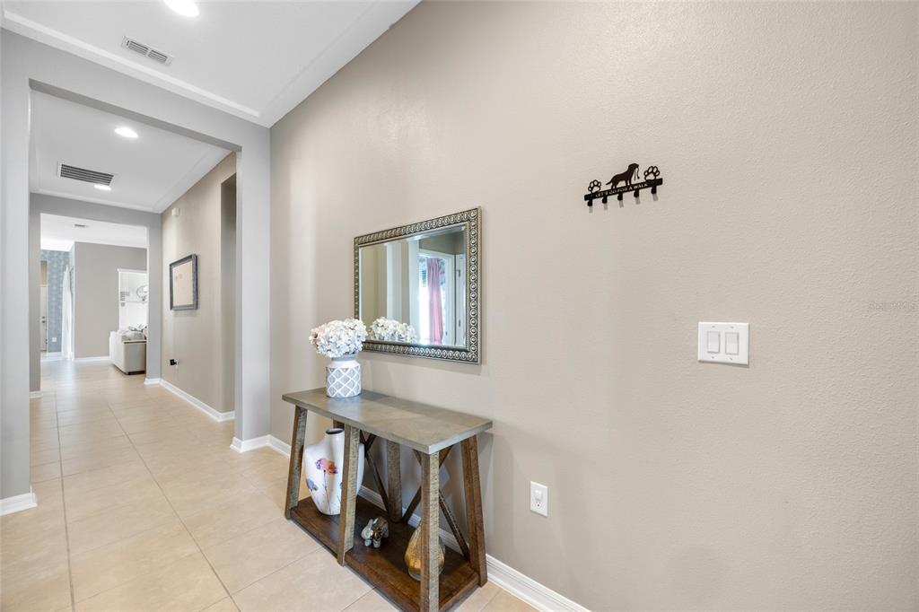 A hallway features a console table with a mirror and a dog-themed wall hook rack — 17035 HARBOR OAK PARKWAY, WINTER GARDEN, FL