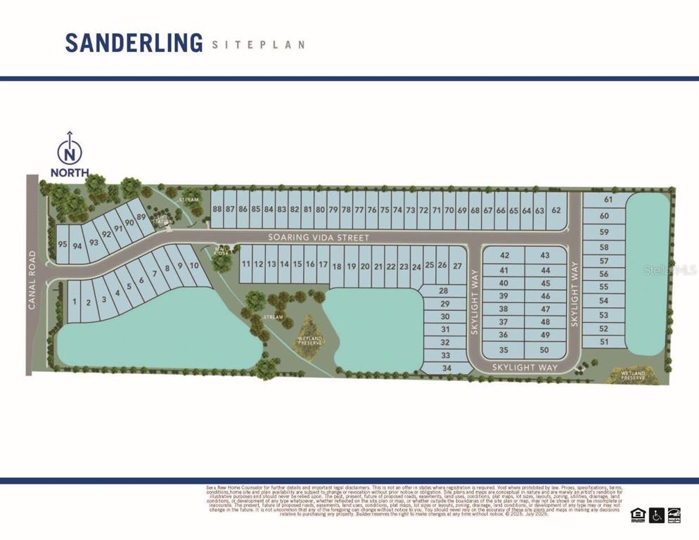 This is a site plan rendering for the Sanderling residential community showing numbered lots — 1747 SOARING VIDA STREET, PALMETTO, FL
