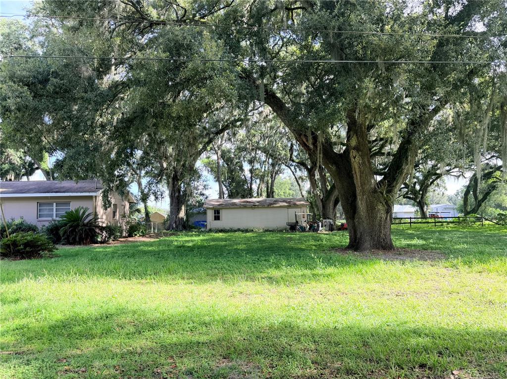A grassy yard with large oak trees sits in front of two small residential buildings — 2028 PLEASANT ACRE DRIVE, PLANT CITY, FL
