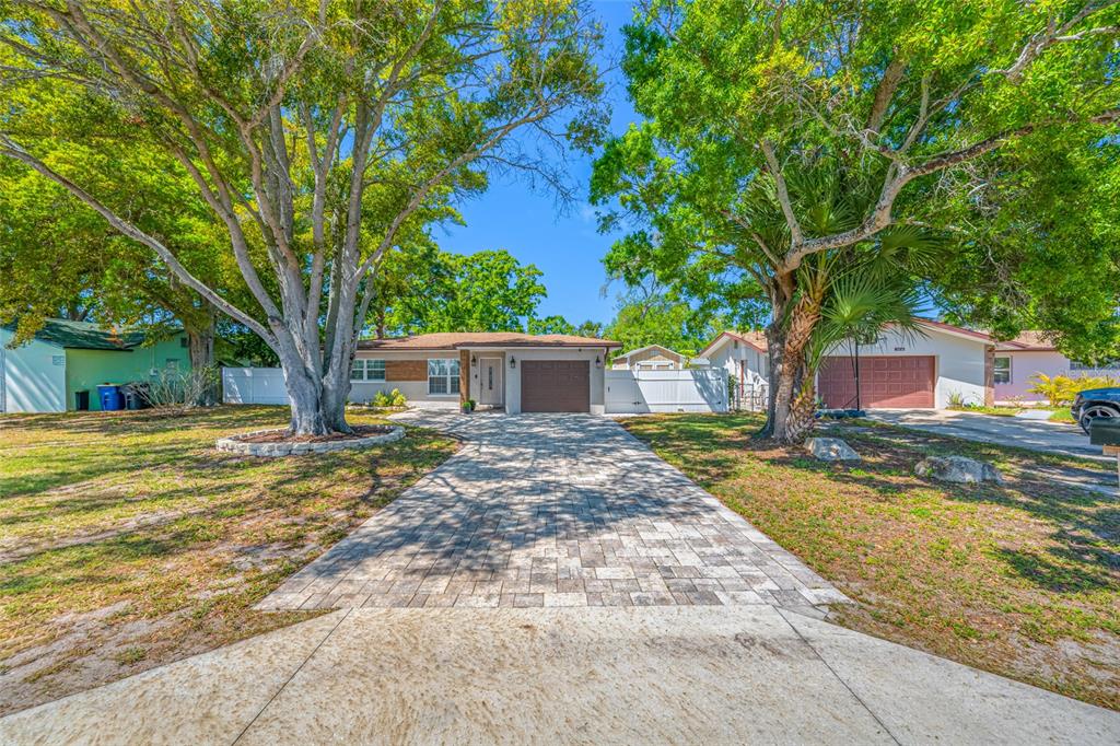 A single-story house with a paved driveway, brown garage door, and large trees in front — 2212 NE COACHMAN ROAD, CLEARWATER, FL