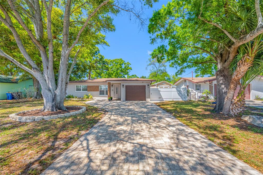 A single-story house with a paved driveway, a brown garage door, and large shade trees — 2212 NE COACHMAN ROAD, CLEARWATER, FL