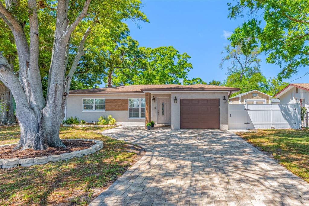 A single-story house with a paved driveway, a brown garage door, and a large tree — 2212 NE COACHMAN ROAD, CLEARWATER, FL