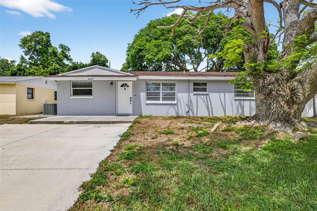 A single-story gray house with a white front door and a concrete driveway — 6827 80TH TERRACE N, PINELLAS PARK, FL