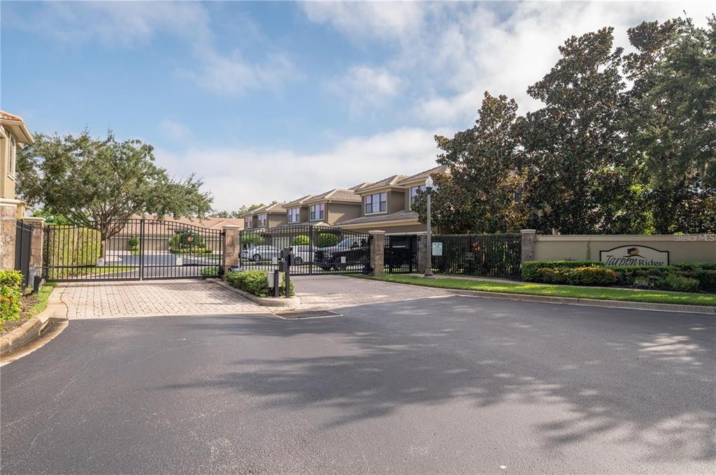 A gated entrance with a paved driveway leads to multi-story townhomes at Tarpon Ridge — 2527 SILVERBACK COURT, PALM HARBOR, FL