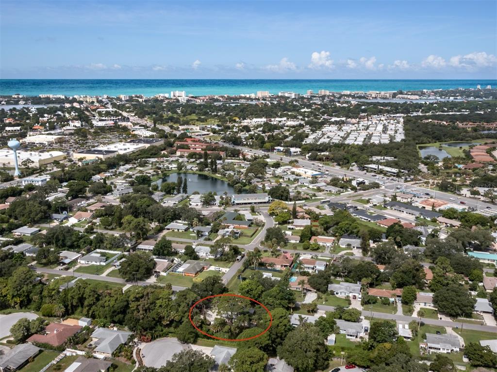 An aerial view shows a residential neighborhood with a red circle highlighting a specific property — 6115 CARLTON AVENUE, SARASOTA, FL