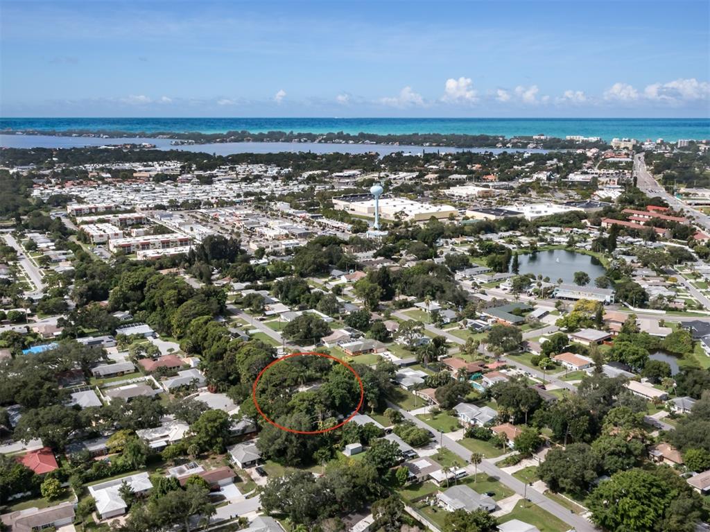 An aerial view shows a residential neighborhood with a red circle highlighting a wooded lot — 6115 CARLTON AVENUE, SARASOTA, FL