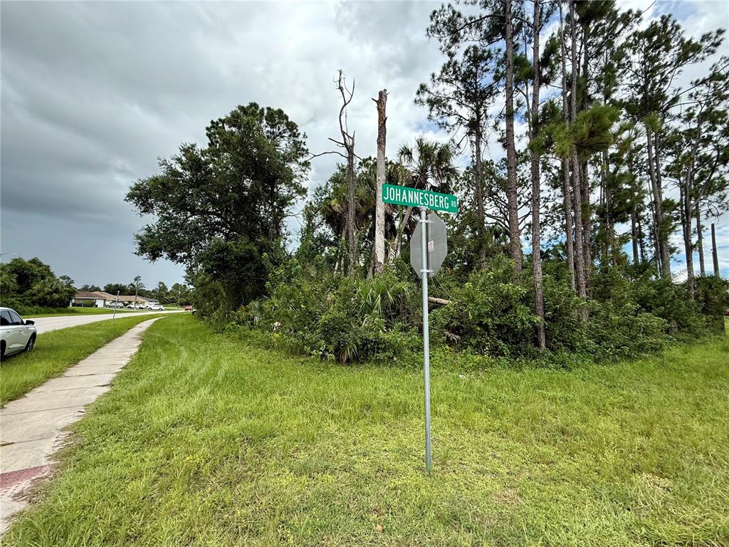 A street sign for Johannesberg Road stands near a sidewalk and a wooded lot — NORDENDALE BLVD, NORTH PORT, FL