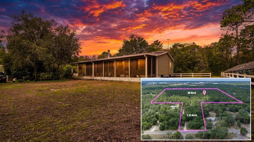 A house with a screened porch is shown alongside an aerial map of the property — 15624 PEACE BOULEVARD, SPRING HILL, FL