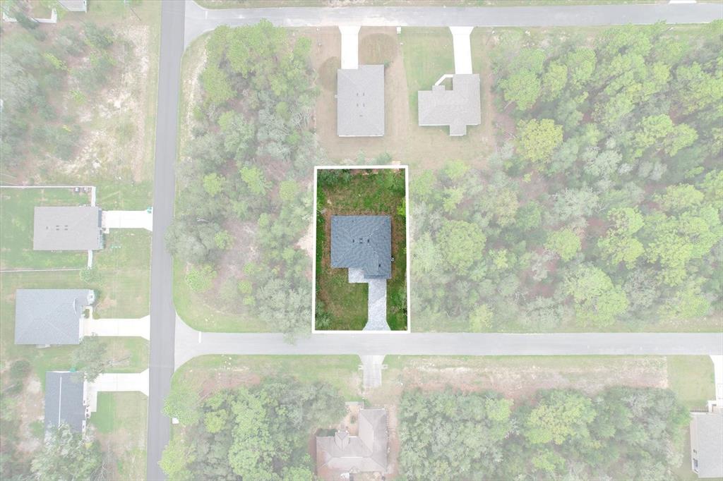 This aerial view shows a single-family home situated on a wooded residential lot — 225 W DIEGO PLACE, CITRUS SPRINGS, FL