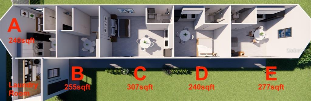 This 3D floor plan rendering shows five separate studio apartment units and a shared laundry room — 202 JEFFERSON DRIVE, HAINES CITY, FL