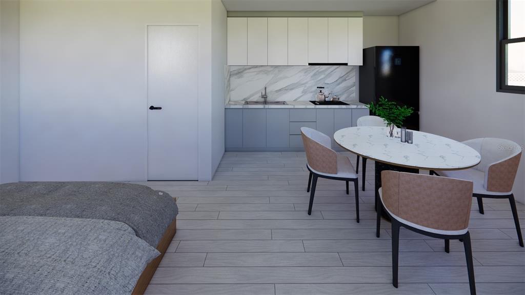 This rendering shows a studio apartment with a kitchenette, dining area, and bed — 202 JEFFERSON DRIVE, HAINES CITY, FL