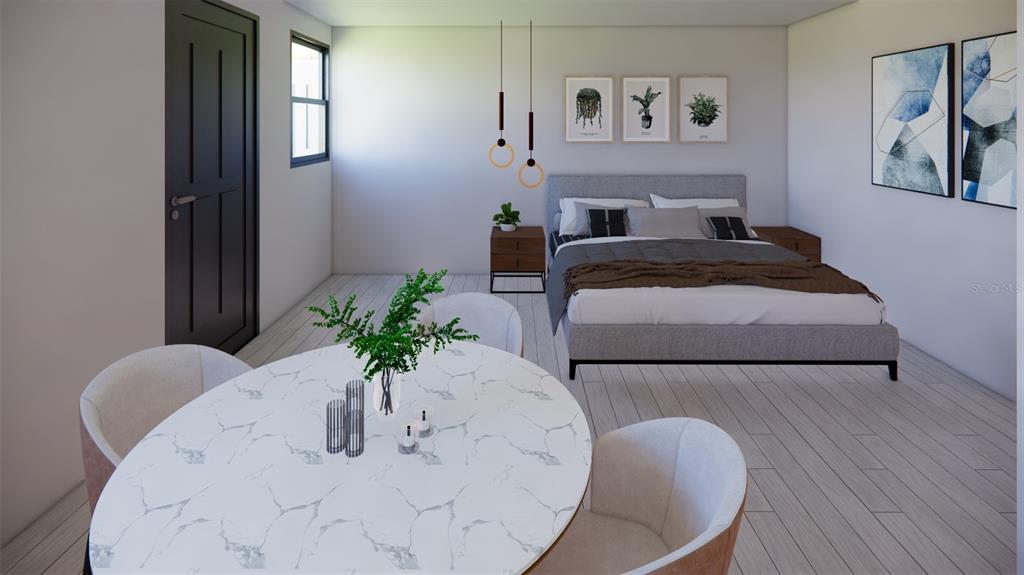 This rendering shows a bedroom with a round marble table, chairs, and a bed — 202 JEFFERSON DRIVE, HAINES CITY, FL