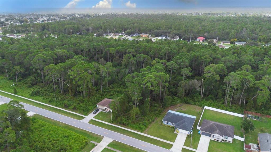 An aerial view shows a single-story house situated next to a large, wooded vacant lot — 2657 CAPTAIN DRIVE, DELTONA, FL