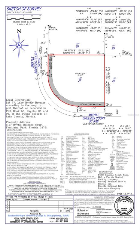This is a survey map showing the boundary lines and easements for a residential lot — 1117 MYRTLE BREEZES COURT, FRUITLAND PARK, FL