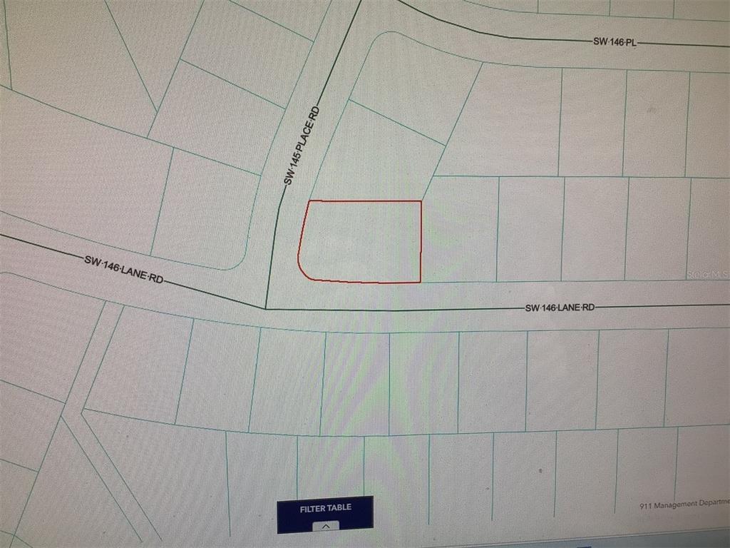 This is a map showing a highlighted parcel of land near a road intersection — 0 SW 145 PLACE ROAD, OCALA, FL
