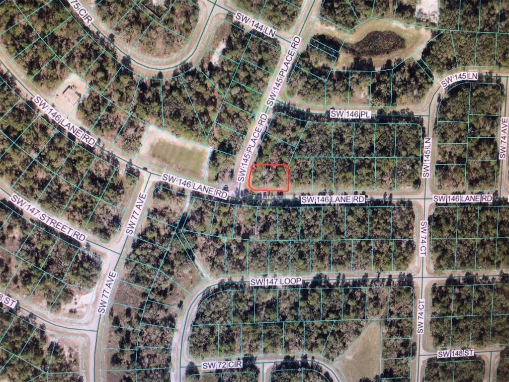 This is an aerial map showing a vacant lot outlined in red within a residential neighborhood — 0 SW 145 PLACE ROAD, OCALA, FL