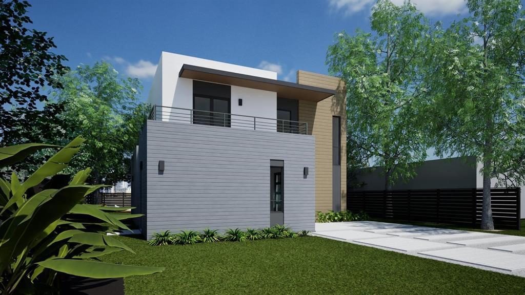 A digital rendering of a modern two-story house with gray siding and a balcony — 1840 ANZLE AVENUE, WINTER PARK, FL