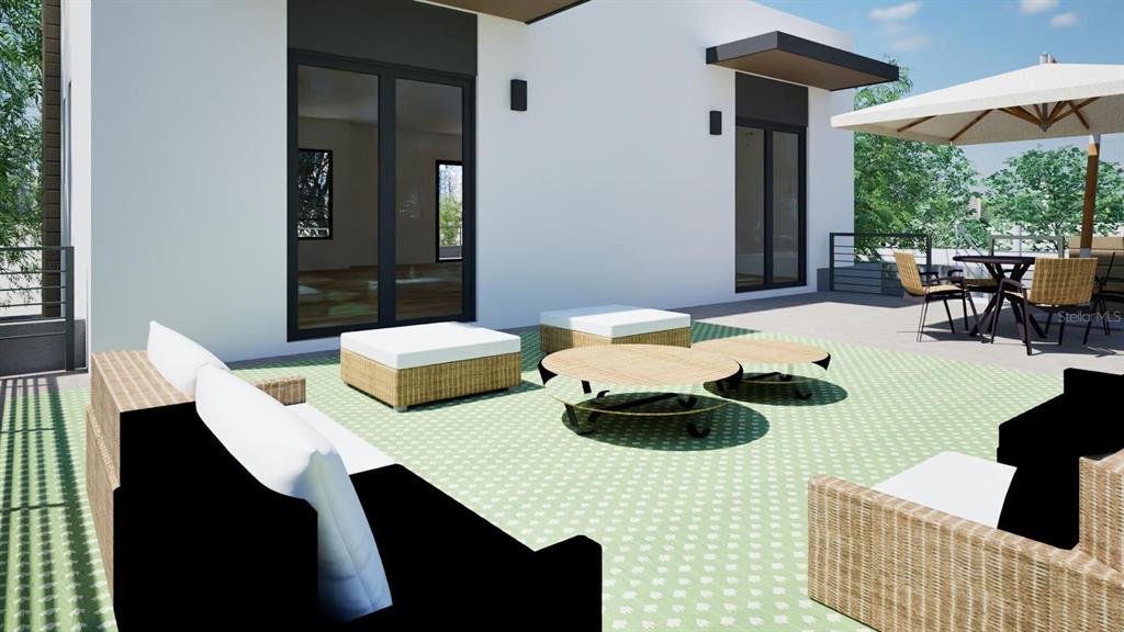 This is a rendering of a modern outdoor patio with wicker furniture and a dining area — 1840 ANZLE AVENUE, WINTER PARK, FL