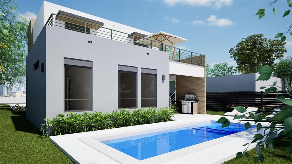 This is a rendering of a modern two-story house exterior featuring a pool and terrace — 1840 ANZLE AVENUE, WINTER PARK, FL