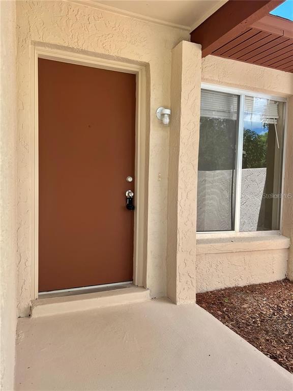 A tan stucco exterior features a brown front door and a window under a roofline — 10376 RIVA RIDGE TRAIL, ORLANDO, FL