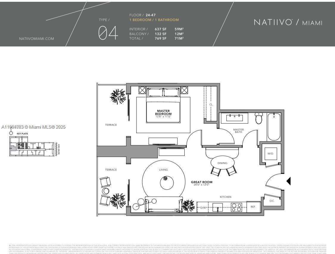 This is a floor plan for a one-bedroom, one-bathroom apartment with a terrace — 159 NE 6th St # 3404, Miami FL 33132, MIAMI, FL
