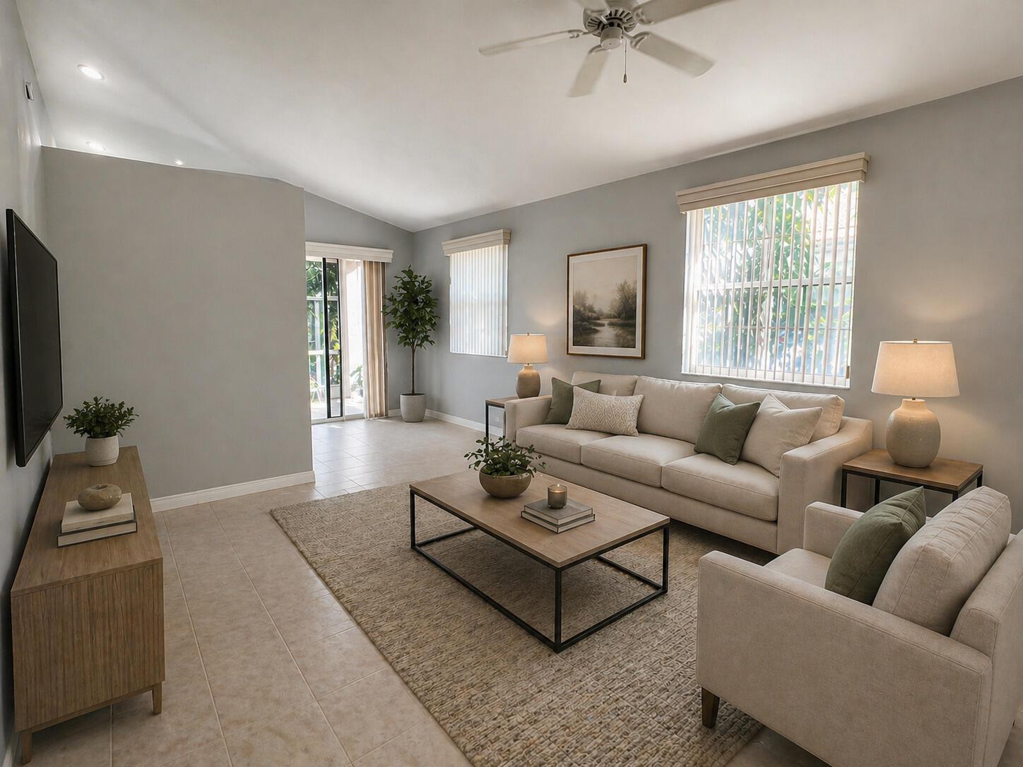 A living room features a beige sofa, armchair, coffee table, and light gray walls — 7801 S Aragon Boulevard # 4, Sunrise FL 33322, SUNRISE, FL