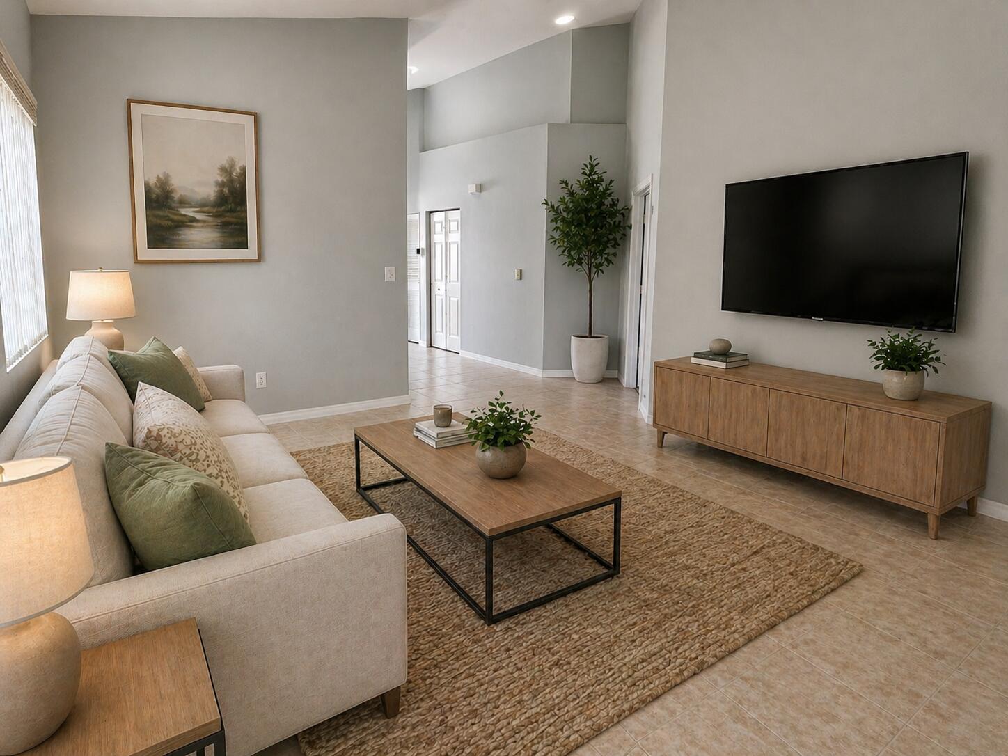 A living room features a beige sofa, wooden coffee table, media console, and a large rug — 7801 S Aragon Boulevard # 4, Sunrise FL 33322, SUNRISE, FL
