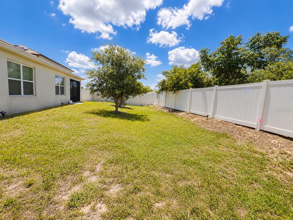 A grassy backyard features a single tree, a white vinyl fence, and a beige house — 157 HENRY STEVENS DRIVE, HAINES CITY, FL