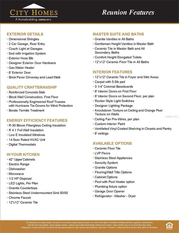 This document lists the standard features and available options for City Homes properties — 1456 FAIRVIEW CIRCLE, KISSIMMEE, FL
