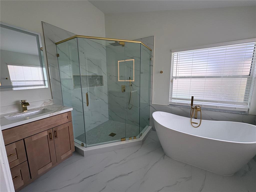 A modern bathroom features a glass-enclosed shower, a freestanding tub, and gold-toned fixtures — 11215 CRYSTAL GLEN BOULEVARD, ORLANDO, FL