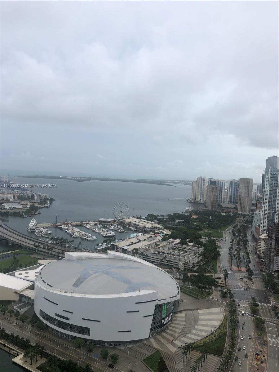 An elevated view of the Kaseya Center, Bayside Marketplace, and Biscayne Bay in Miami — 900 Biscayne Blvd # 4904, Miami FL 33132, MIAMI, FL