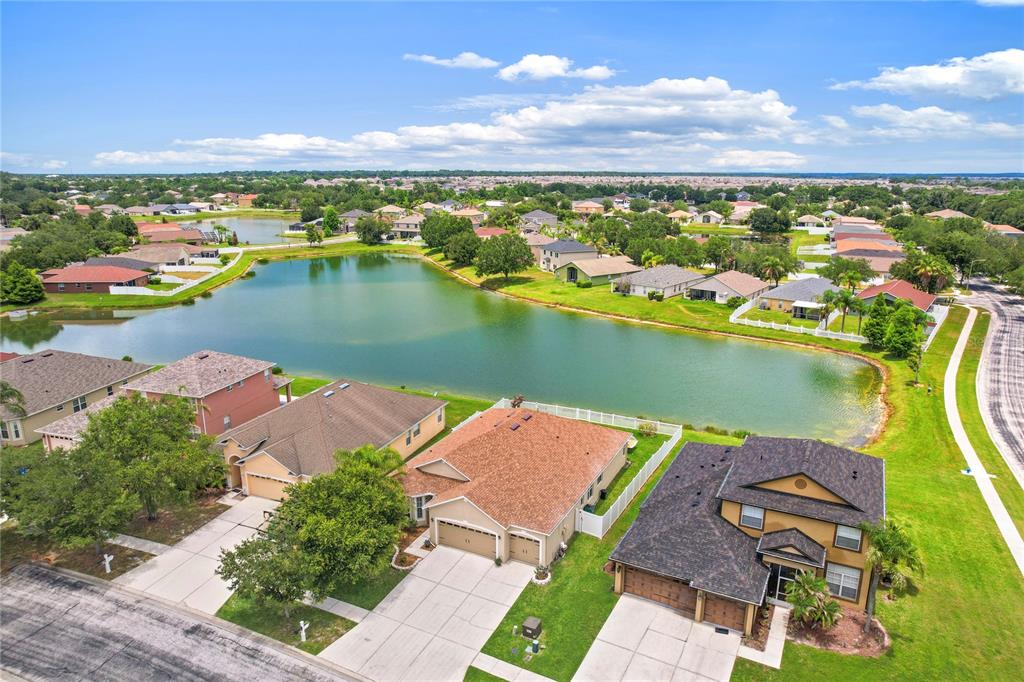 An aerial view shows several suburban houses situated along the edge of a large pond — 31415 BRIDGEGATE DRIVE, WESLEY CHAPEL, FL