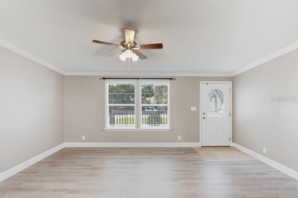 A living room features light-colored walls, wood-look flooring, a ceiling fan, and a front door — 2516 MOBILAIRE DRIVE, LUTZ, FL