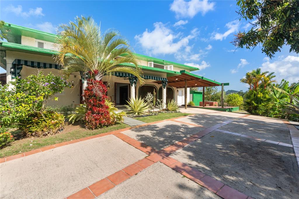 A single-story house with a green roof, covered patio, and a paved driveway with landscaping — 59 REINA ISABEL, RIO GRANDE, PR