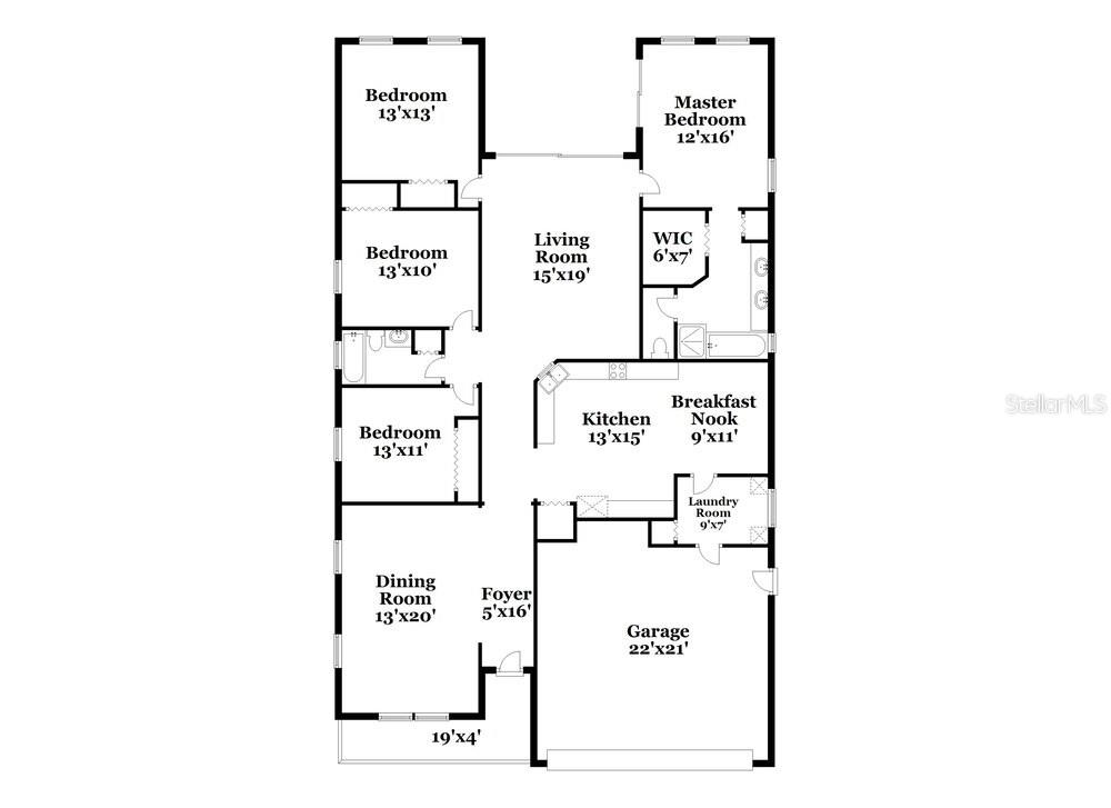 This is a floor plan for a single-story house with four bedrooms and a garage — 633 STRAW LAKE DRIVE, BRANDON, FL