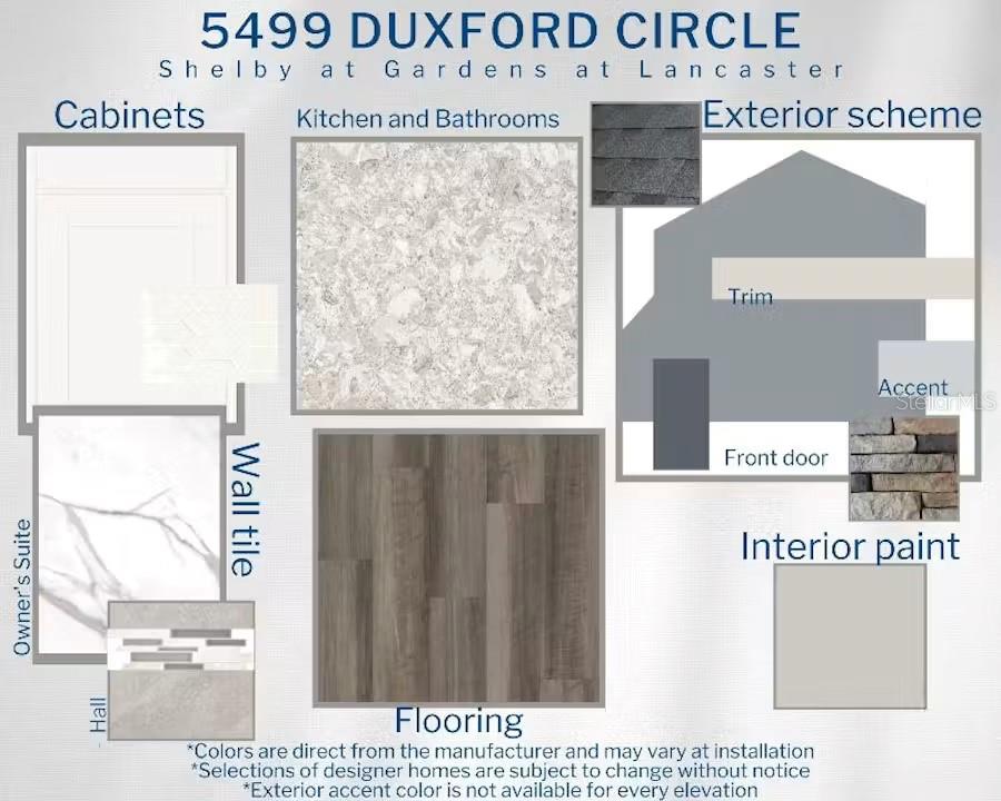 This design board displays material and color selections for a home's interior and exterior finishes — 5499 DUXFORD CIRCLE, ST CLOUD, FL