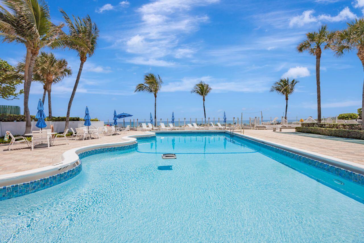 A swimming pool with lounge chairs and palm trees overlooks the ocean under a blue sky — 500 SE 21st Avenue # 403, Deerfield Beach FL 33441, DEERFIELD BEACH, FL