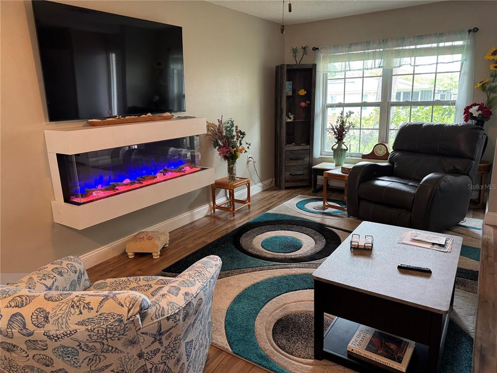 A living room features a wall-mounted electric fireplace, a patterned rug, and two armchairs — 10707 SALAMANCA DRIVE, PORT RICHEY, FL