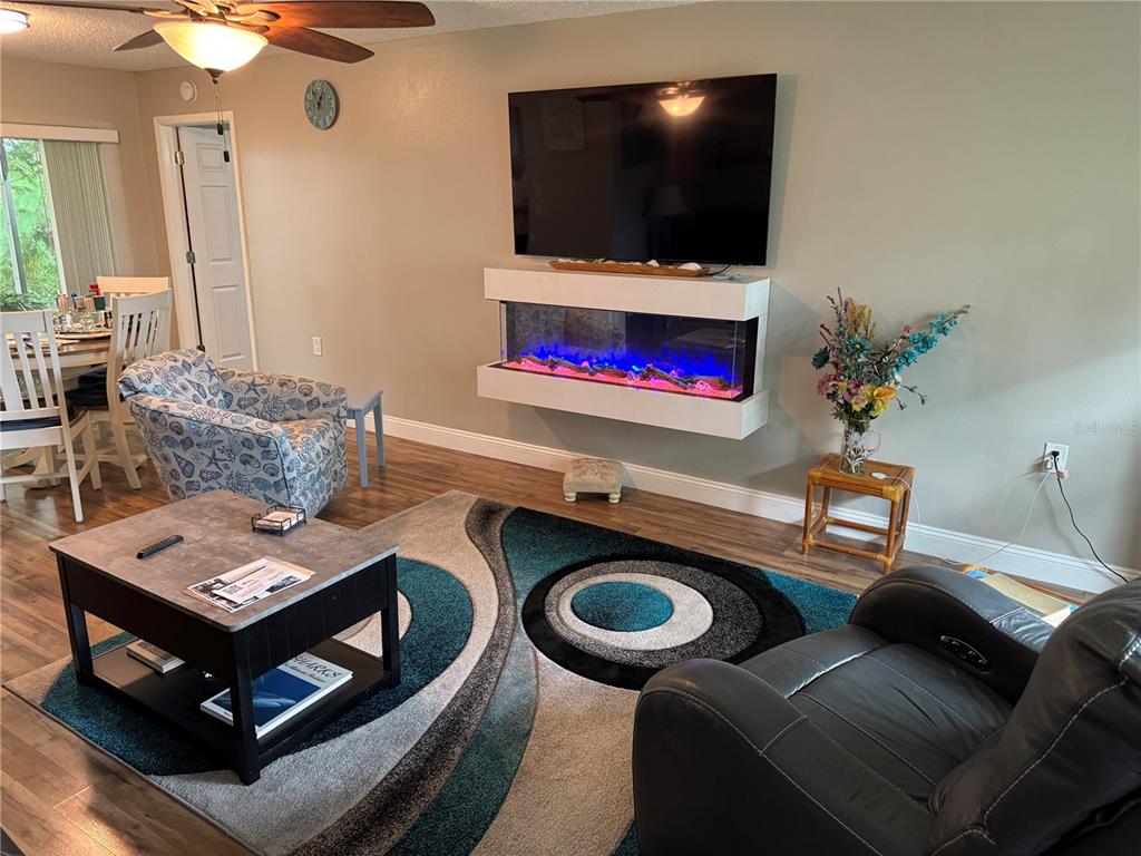 A living room features a wall-mounted television above a fireplace, a patterned rug, and furniture — 10707 SALAMANCA DRIVE, PORT RICHEY, FL