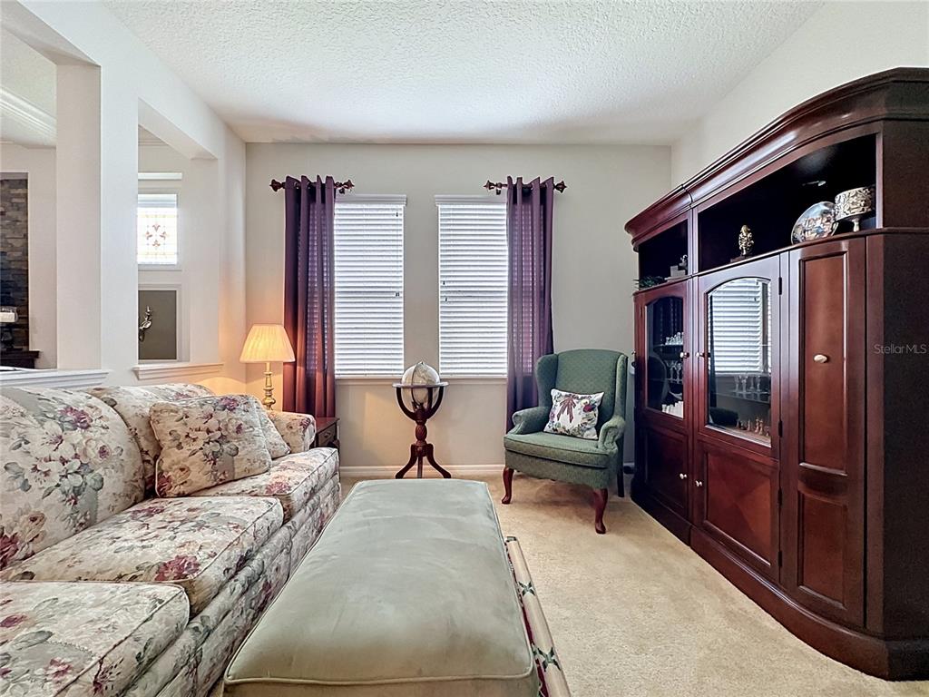 A living room features a floral sofa, a green armchair, and a large wooden entertainment center — 395 SILVER MAPLE ROAD, GROVELAND, FL