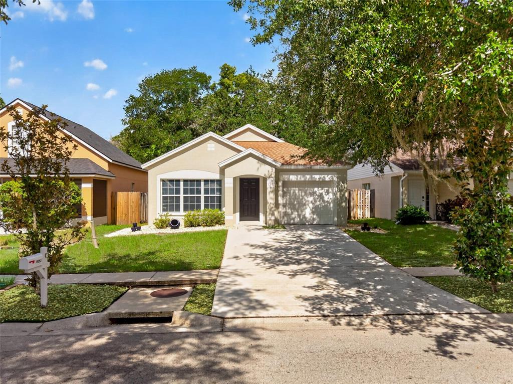 A single-story house with a beige exterior, a front-facing garage, and a concrete driveway — 15032 DEER MEADOW DRIVE, LUTZ, FL