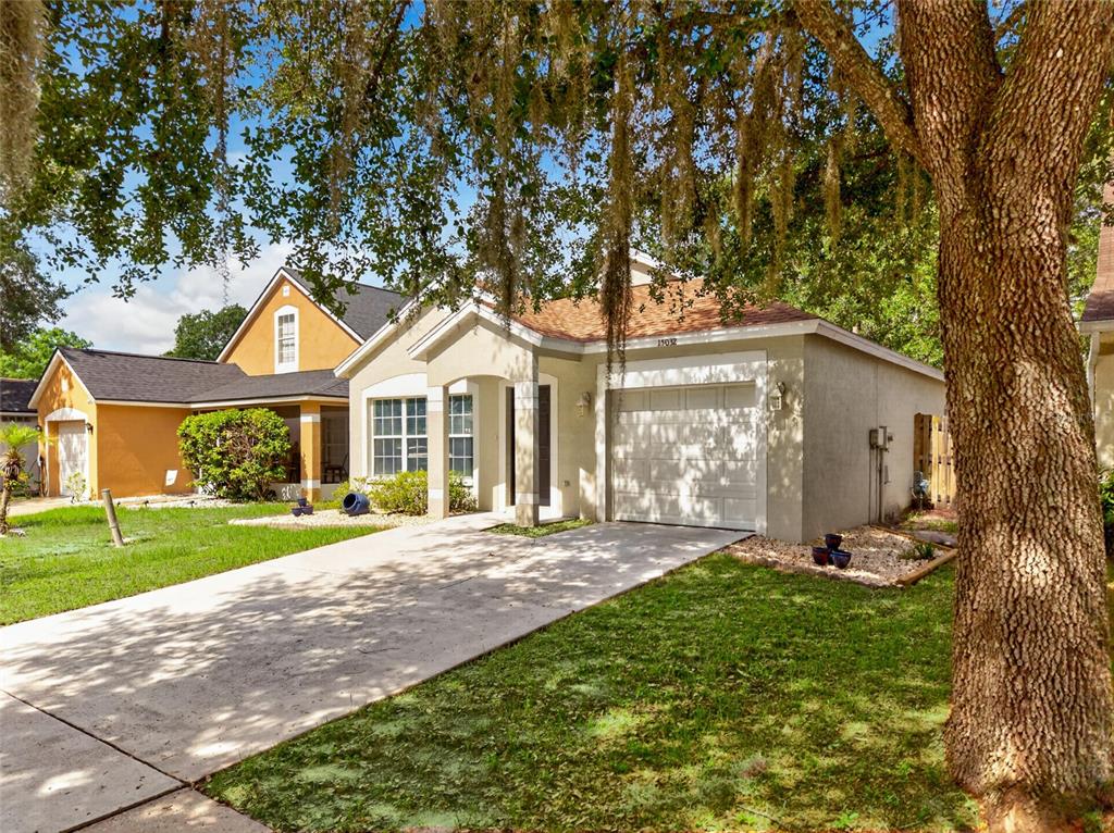A light-colored single-story house with a garage and driveway sits under a large tree — 15032 DEER MEADOW DRIVE, LUTZ, FL