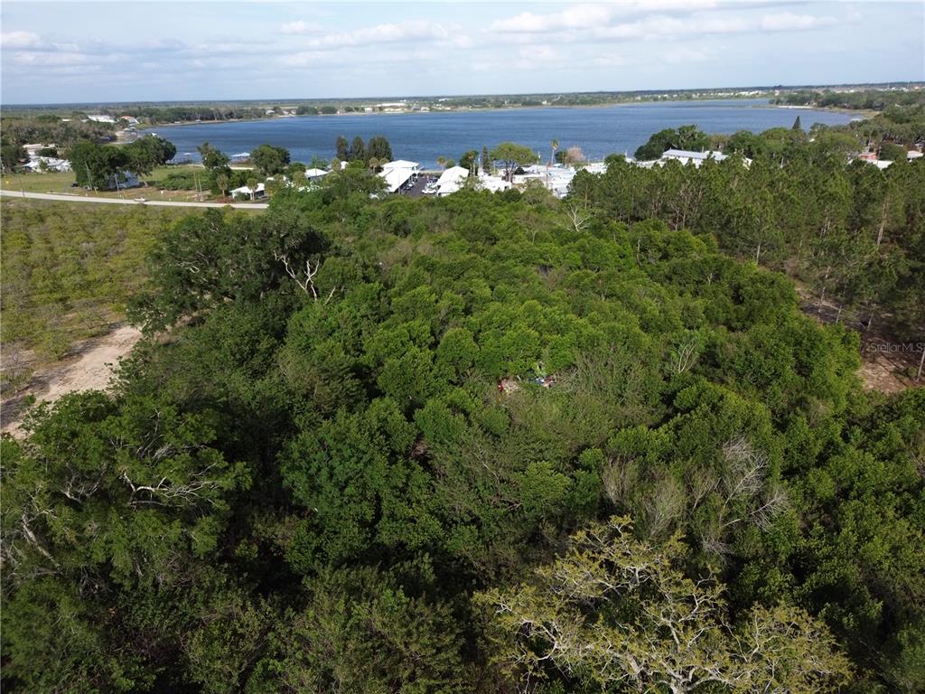 An aerial view shows a dense wooded area with a lake in the background — 3055 SR-17 N, SEBRING, FL