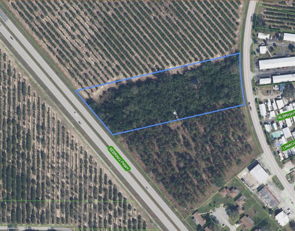 An aerial view shows a wooded, trapezoidal plot of land outlined in blue near a highway — 3055 SR-17 N, SEBRING, FL
